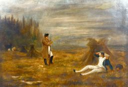 19th/20th century, Napoleon in a field standing beside a wounded soldier, oil on canvas, 22