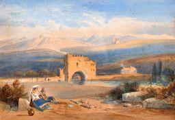 Late 19th century, A Continental view with a bridge over a river and mountains beyond,