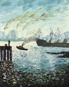 20th century Impressionist scene of a dockside with boats and a city skyline beyond possibly New
