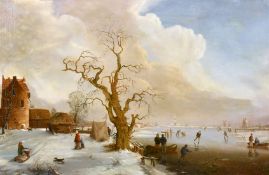 19th/20th century Dutch school, figures skating on a frozen waterway with a town and windmill