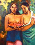 Manner of Gauguin, female figures holding fruit and flowers, oil on canvas, 30