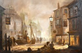 Singer Jones/ Donald Hughes (b.1933) British, A Victorian town scene at night, oil on canvas,