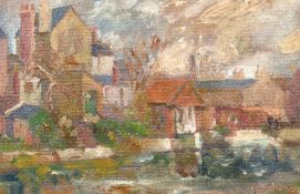 R. J. Thompson, circa 1944, 'Oxford, Tom Tower from The Thames', oil on board, signed and