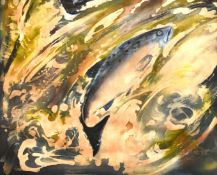 J. Villiers (20th century) A salmon leaping through a torrent, watercolour and bodycolour on fabric,