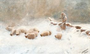M. M. Davies, Circa 1924, A shepherd and his flock in a snowy landscape, oil on canvas, signed and