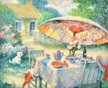Jos Pauwels (1918-1976) Belgian, An Impressionist garden scene with a parasol and a dog, oil on