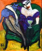 Larsen, 20th century Danish school, 'Absinth Time', A female figure and her cat, oil on canvas,
