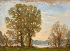 John Brown (1887-1966) British, A study of trees by a river, oil on board, signed with initials, 10