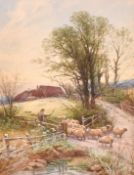 Thomas Rowden (1842-1926) British, A shepherd and his flock by a pond, watercolour, signed and