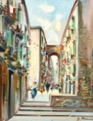 A. Palermo (20th century) A view of a busy continental street with figures and hanging washing,