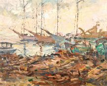 20th century Continental school, A port scene with boats and figures, oil on canvas, indistinctly