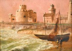 19th century English school, Figures and boats on a beach with a castle on a distant headland, oil