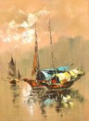 T. H. Wang (Mid-20th century) Chinese, A scene of junks on a river, oil on canvas, signed, 24