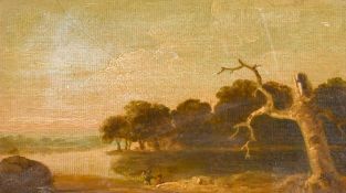 Two figures in a river landscape, oil on paper, 4.5