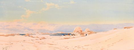 Augustus Osborne Lamplough (1877-1930) British, A view of figures by buildings at an oasis,