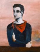 20th century school, A half-length portrait of a young man in a red scarf, oil on canvas, 20