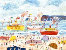 Simeon Stafford (b. 1956) British, 'By the Sea', figures on a busy beach, oil on board, signed and