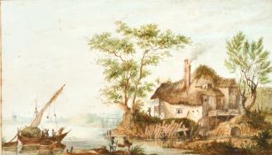 19th century school, A coastal scene with a thatched cottage and figures loading a boat in the