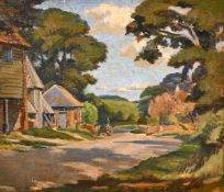 20th century English school, Scene of a tractor outside farm buildings, oil on board, 12