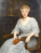 19th century school, A portrait of a seated lady wearing a pearl necklace and holding a book, oil on
