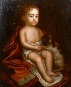 19th century English school, A portrait of a young child with his dog, oil on board, 28