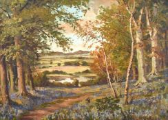A. D. Bell (early 20th century) A figure amongst wildflowers by a path through a wood, oil on