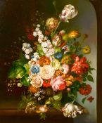 20th century school, A still life of mixed flowers in a vase, oil on panel, indistinctly signed, 24