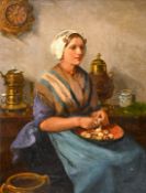 20th century Continental school, probably Dutch, A girl peeling potatoes, oil on board, 15