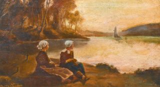 A. Butterworth, A landscape scene of two figure resting lakeside at dusk with a sailboat and hills