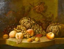 19th century school, A still life of fruit and vine leaves on a marble shelf, oil on canvas,