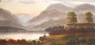 William H Day (19th/20th century), A pair of oil on canvas scenes of figures by a mountain lake,