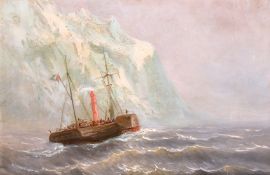 19th/20th century, A paddle steamer approaching an icy headland, oil on board, 12