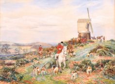 Arthur Foster, A foxhunting scene with huntsman and hounds in a country landscape with a windmill