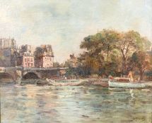 Gustave Madelain (1867-1944) French, Boats on the River Seine with buildings and a bridge beyond,