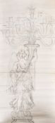 Late 19th century, cartoon drawing of an angel holding up a candelabra issuing from a cornucopia,
