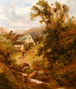 Alfred Hinley (19th century) British, Wayfarers on a country path with a watermill beyond, oil on