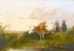 Circle of Thomas Baker of Leamington (1809-1869) British, Two bulls watering on a riverbank, oil on