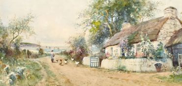 Joseph Hughes Clayton (1870-1930) British, Woman feeding chickens by a cottage with a coastal view