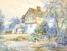 Charles James Adams (1959-1931) British, A country cottage with ducks on a river, watercolour,