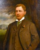 Early 20th century English school, A half-length portrait of a gentleman standing outdoors with a