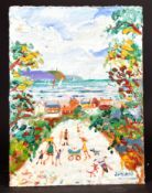 Simeon Stafford (b. 1956) British, 'New Polzeath' figures on a path with headland and sailboats