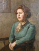 Early 20th century school, A portrait of a seated lady in an interior, oil on canvas laid down,