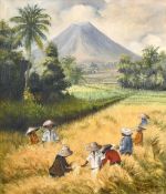 Mid-20th century Indonesian School, Figures working in a field with a volcano beyond, oil on canvas,