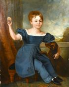 19th century British school, Portrait of a seated child with a dog and a landscape beyond, oil on