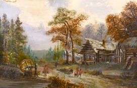 19th century school, A pair of scenes of country cottages one with a windmill and skaters on a