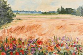 20th century school, A scene of a wheatfield with wildflowers in the foreground, oil on board,