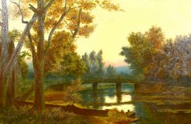 19th century English school, A figure on a bridge over a river at dusk, oil on canvas, 20