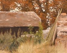 Pamela Derry (1932-2002) British, A view of farm buildings, oil on board, signed, 16