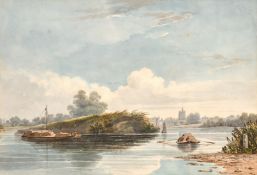 Circle of Varley (19th century), A scene of barges on a river with a town beyond, watercolour, 7.25