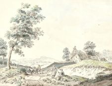 Manner of Paul Sandby (1731-1809) British, Figures and animals on a path with a town beyond,